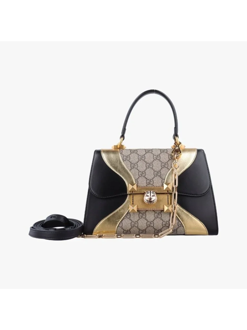 Gucci Ojiride Beige Gold Black Canvas Leather Shoulder